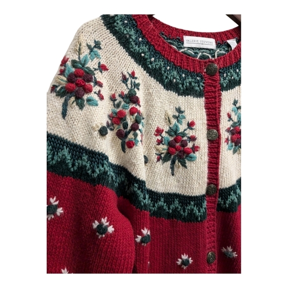 Cardigan holiday sweater knit Embroidered red green Christmas 90s - Picture 3 of 8